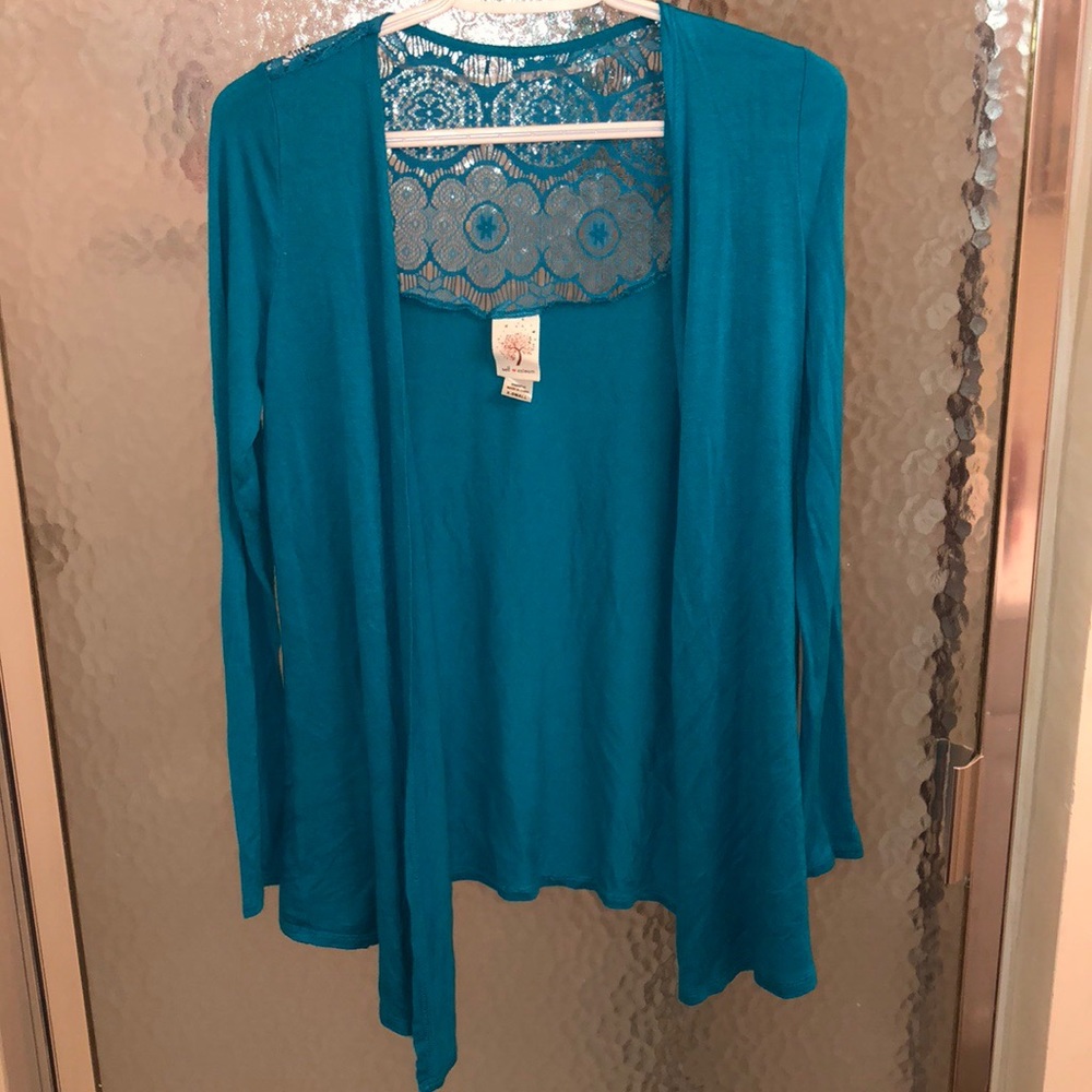Teal Open Front Cardigan W/ Lace Back X-Small